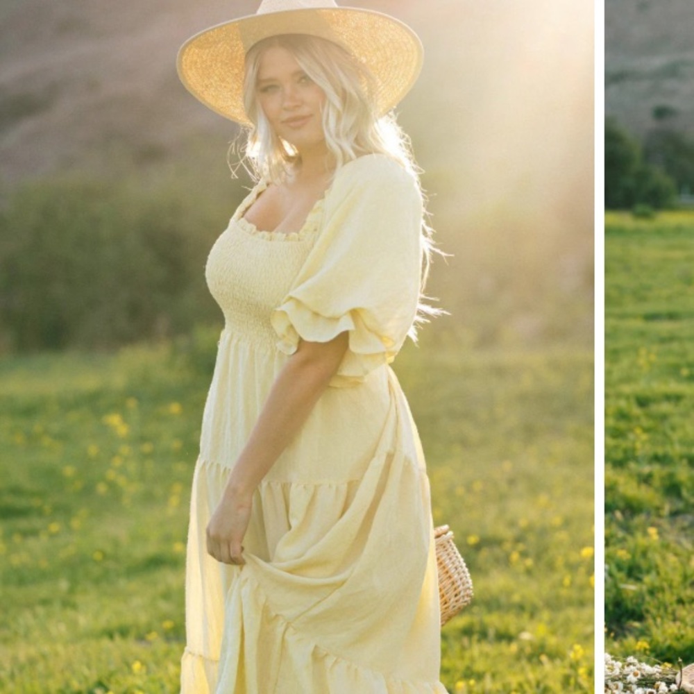 Morning lavender XL PAIGE YELLOW PUFF SLEEVE TIERED MIDI DRESS